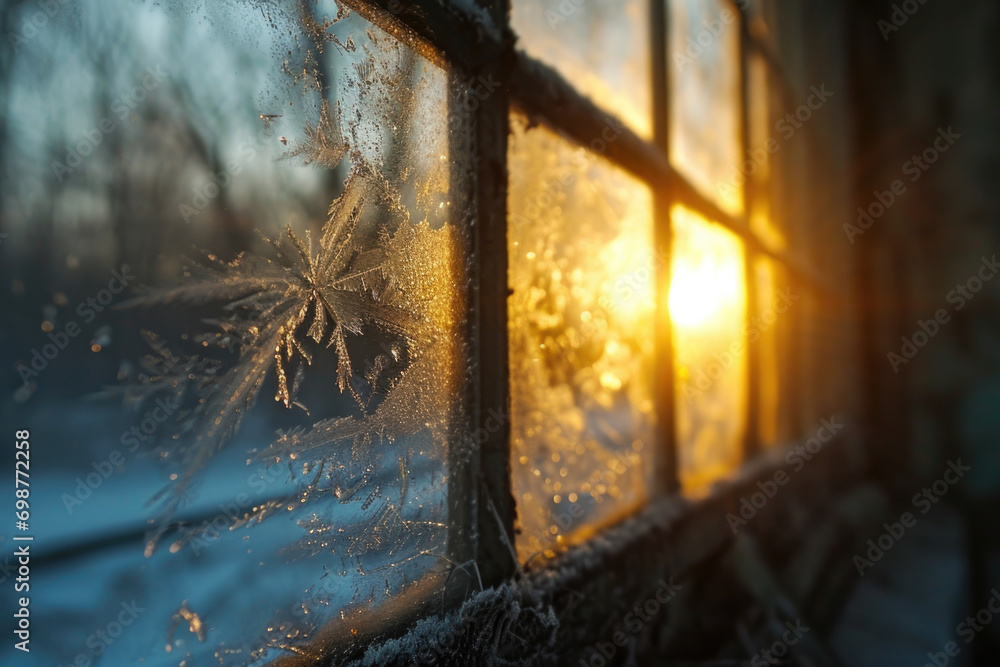 Poster Sunlight streaming through a frost-covered window, creating a beautiful and serene atmosphere. Perfect for winter-themed designs and concepts