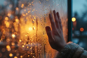 Fotobehang A person holding their hand out of a window covered in rain. Suitable for illustrating concepts of longing, connection, and hope in challenging times © Fotograf