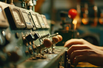A close-up image of a person operating a machine. This picture can be used to illustrate industrial work or technology-related concepts