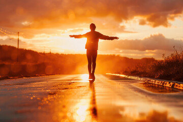 A person standing on a wet road at sunset. This image can be used to depict solitude, reflection, or a peaceful evening scene