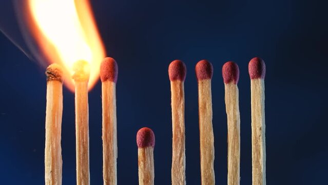 A row of matches where one flares up and passes its fire to the next. Cascade of flame, transfer of energy. Macro shot of the transition of flame from one match to another