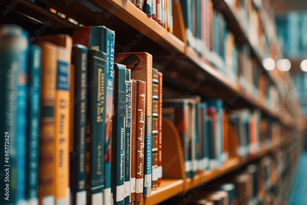 Poster a row of books on a shelf in a library. perfect for educational or academic content