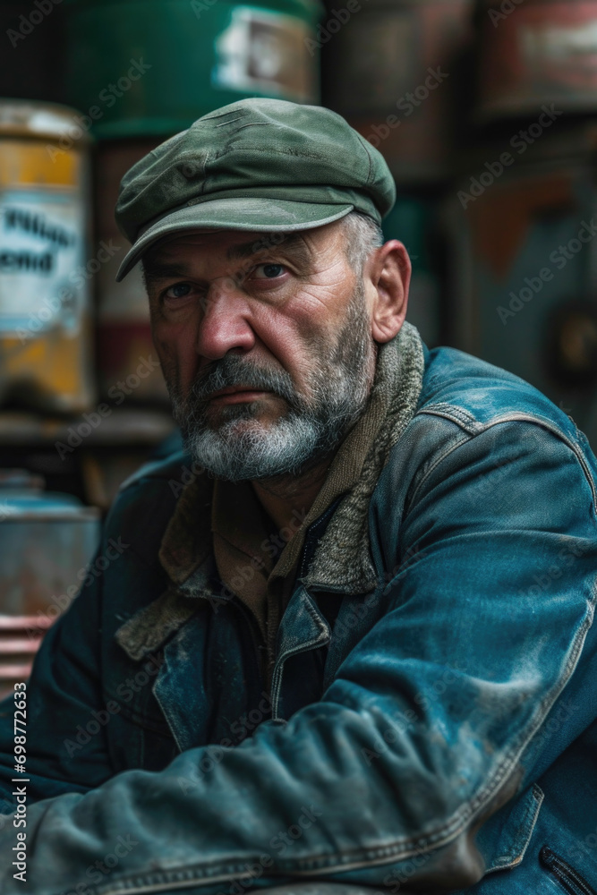Poster A man wearing a hat sitting on a table. This versatile image can be used in various settings