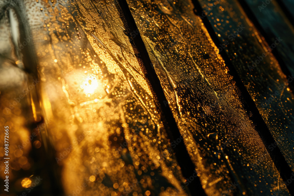 Aufkleber a close-up view of a wooden bench with raindrops on its surface. this image can be used to depict a 