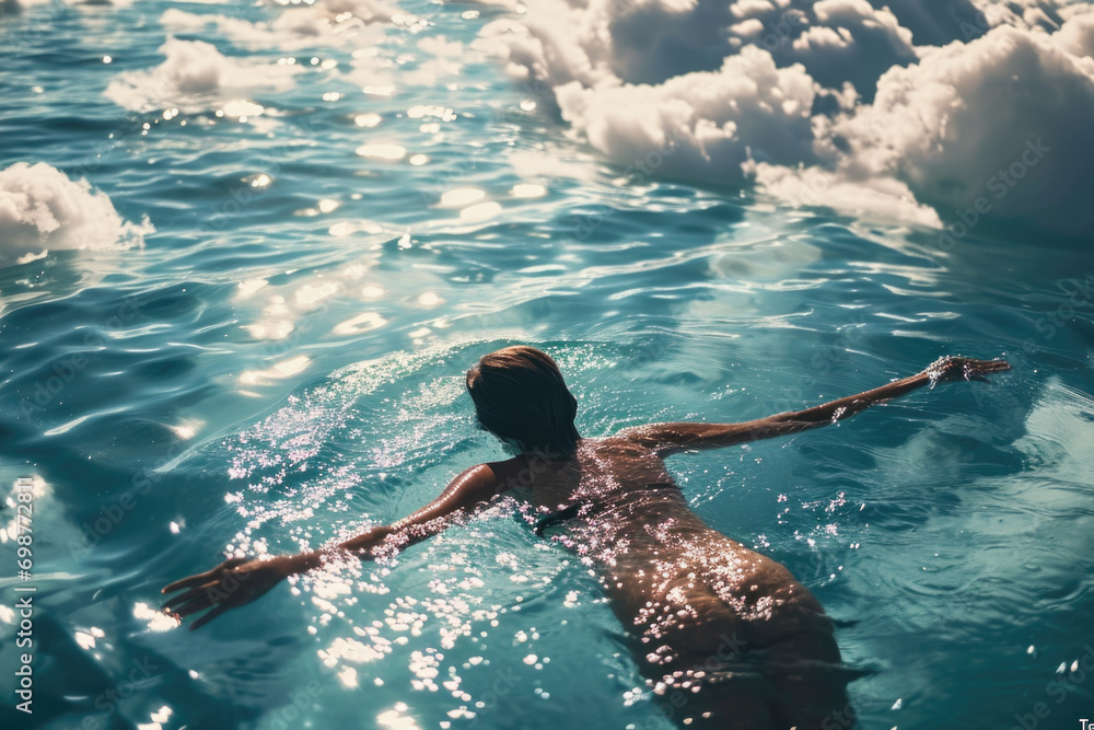 Poster a person swimming in a pool with clouds in the background. perfect for summer-themed designs or prom