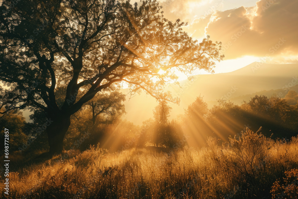 Poster sunlight shining through the trees in a picturesque field. perfect for nature and landscape themes