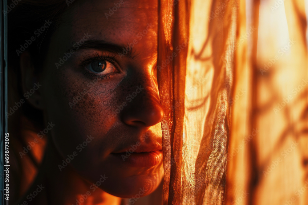 Poster a close up of a person looking out of a window. this image can be used to represent curiosity, conte