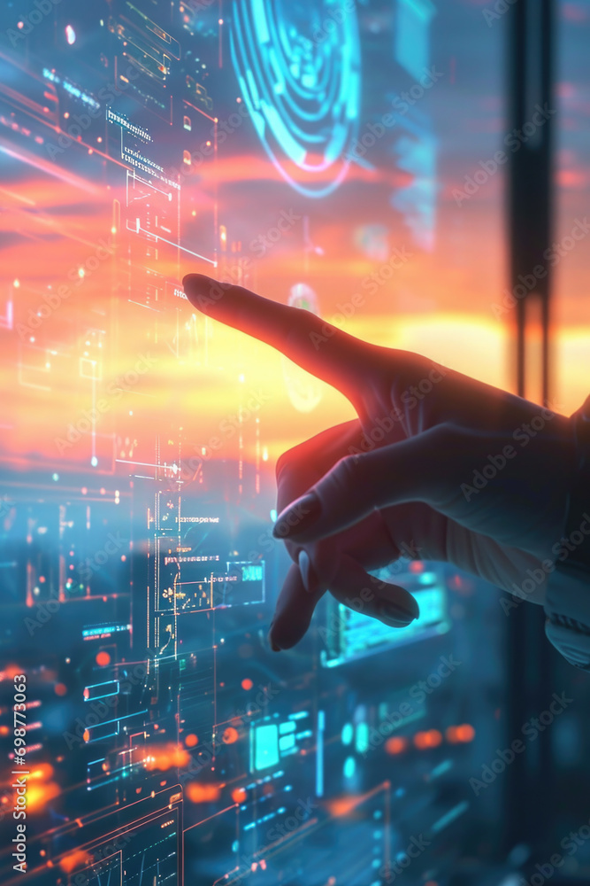 Poster A person is pointing at a digital screen with a city in the background. This image can be used to represent technology, communication, or urban lifestyle