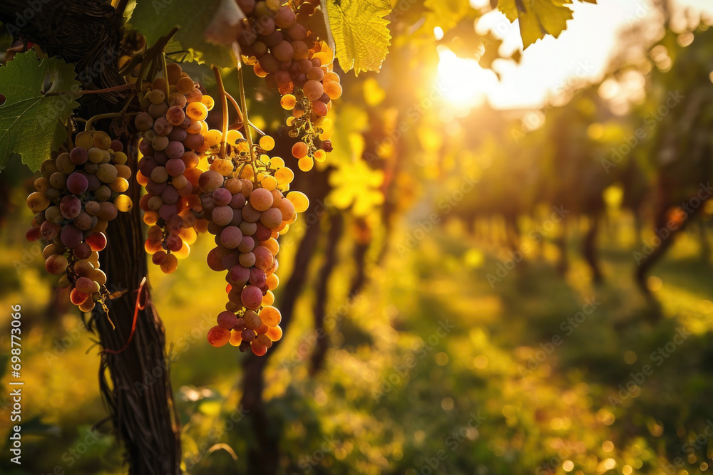 Poster a bunch of grapes hanging from a vine. suitable for use in food and beverage advertisements
