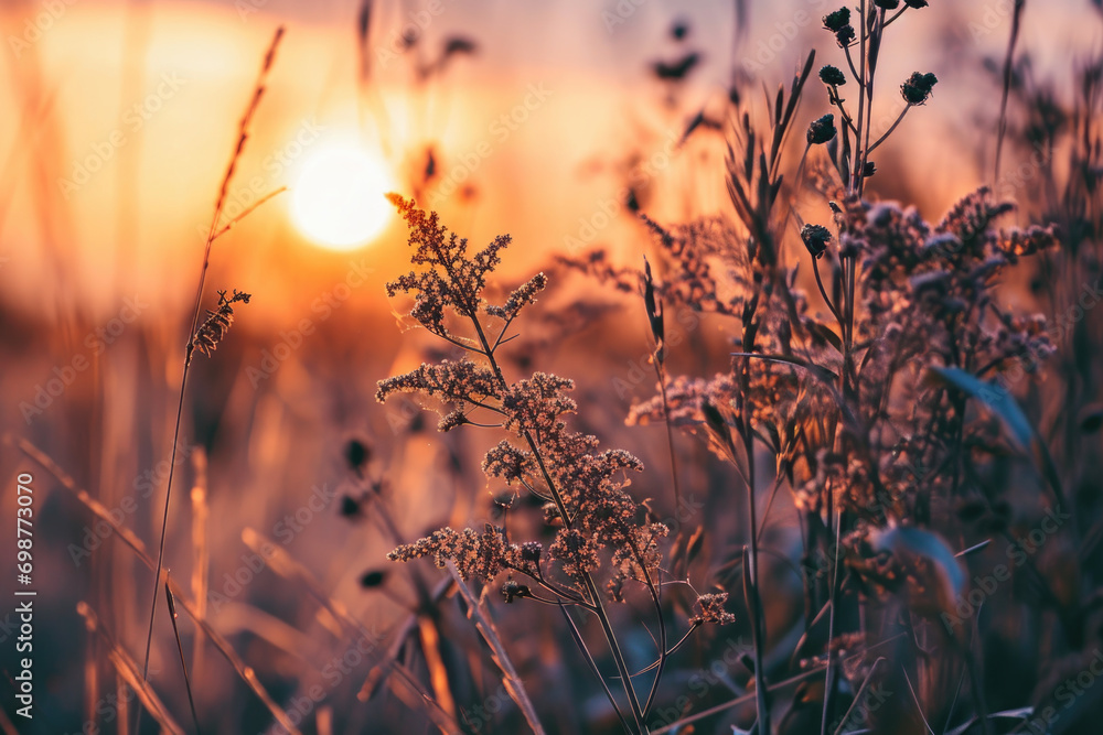 Poster a beautiful image capturing the sun setting behind a field of tall grass. perfect for nature and lan