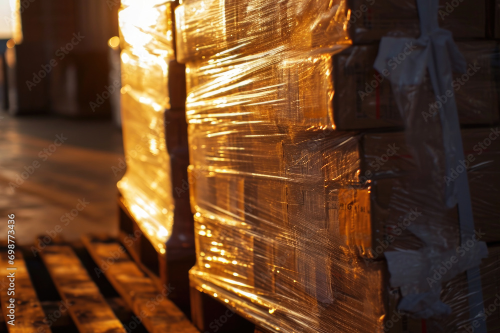 Poster a pallet filled with lots of boxes sitting on top of another pallet. can be used to illustrate logis