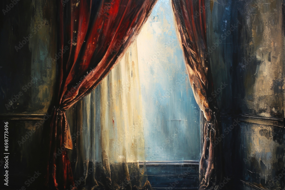 Poster A painting of a window with a red curtain. Can be used as a decorative piece or to add a pop of color to any room