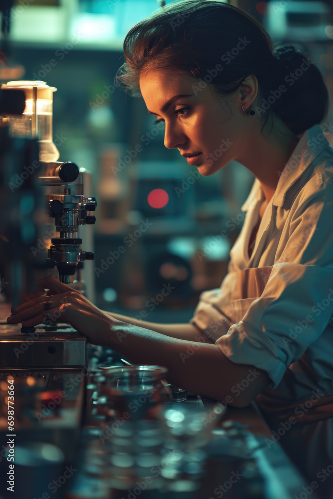 Poster a woman in a lab coat is seen operating a machine. this image can be used to illustrate scientific r