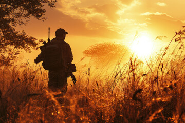 Fototapeta premium A man standing in a field holding a rifle. Suitable for outdoor and hunting-related themes