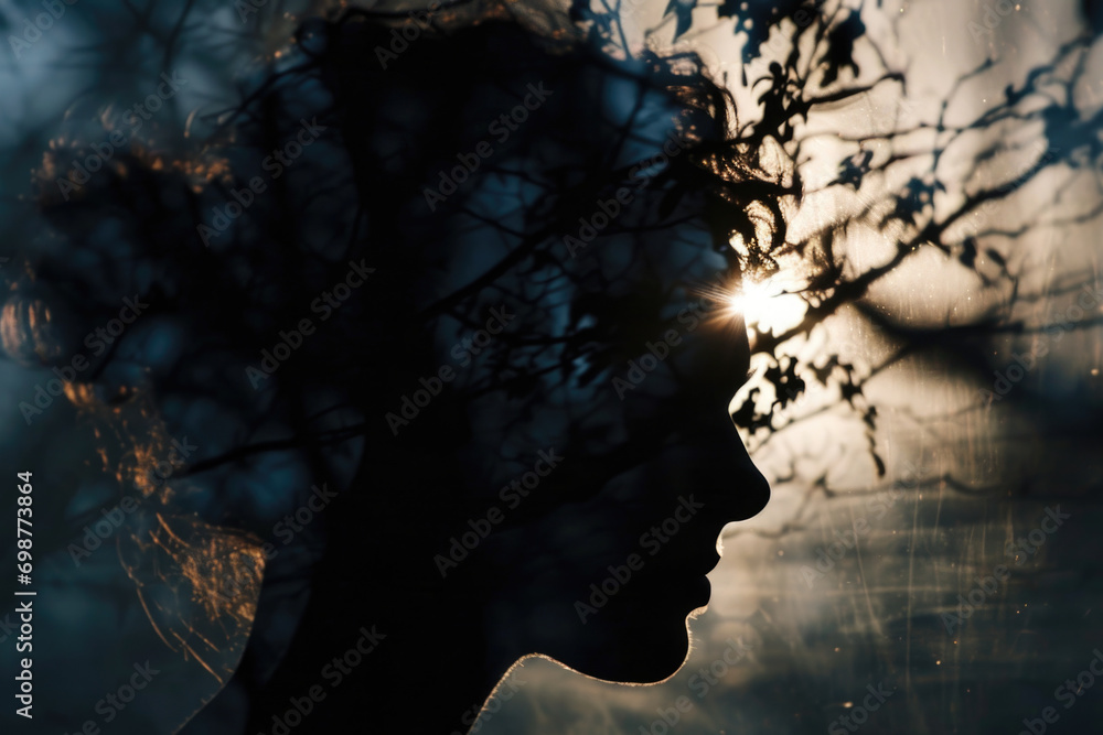 Poster a silhouette of a woman with a tree in the background. suitable for various uses