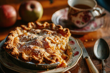 A delicious pie sitting on a plate next to a cup of tea. Perfect for food and beverage related projects