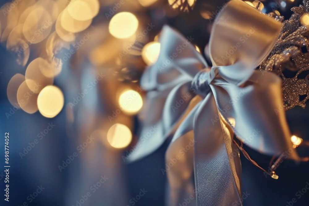 Poster A close-up view of a bow with vibrant lights in the background. Perfect for adding a festive touch to any project or decoration
