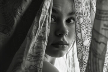 A young girl is seen peeking out from behind a curtain. This image can be used to depict curiosity, mystery, or a sense of hiding