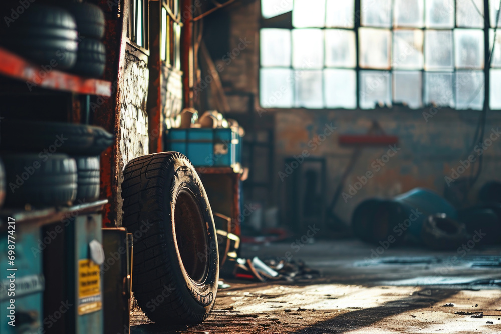 Poster a single tire is seen sitting in a garage next to a pile of tires. this image can be used to depict 