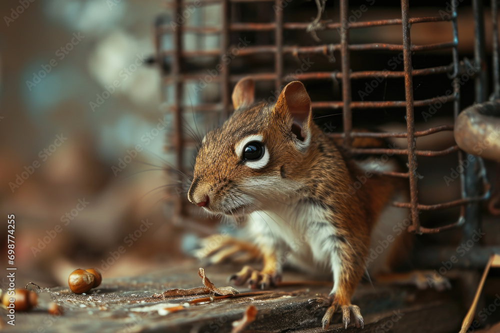 Poster a small chipmunk is pictured sitting in a cage next to a pile of nuts. this image can be used to dep