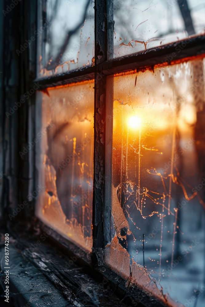 Poster Sun setting through the window of an old building. Suitable for architectural and vintage-themed projects