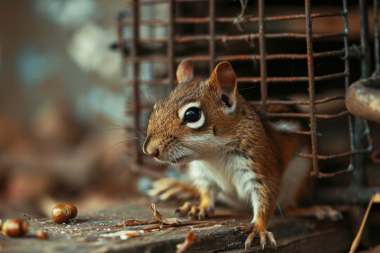 A small chipmunk is pictured sitting in a cage next to a pile of nuts. This image can be used to depict captivity or the desire for freedom in a constrained environment