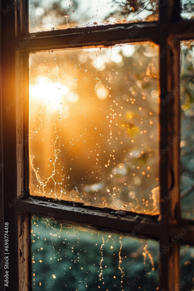 Poster Rain drops on a window, creating a close-up view. Perfect for illustrating rainy weather or adding a touch of moodiness to any project