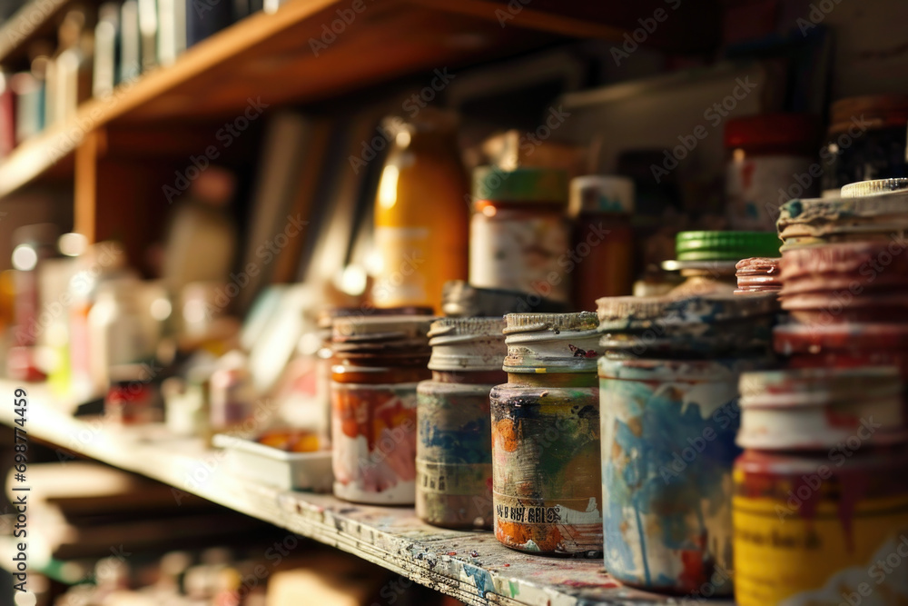 Poster Various jars of paint are neatly arranged on a shelf. This versatile image can be used for art and craft projects, interior design concepts, or in educational materials