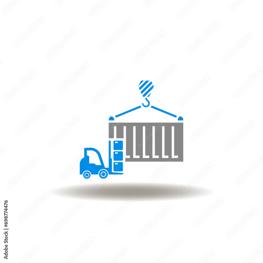 Poster vector illustration of container unloading or loading with forklift. symbol of shipping, freight. ic