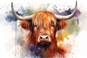 Urban art design. Illustration of a highland cow. Creativity in graffiti style painted on walls. - obrazy, fototapety, plakaty