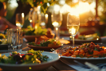 A table set with plates of food and glasses of wine. Suitable for restaurant menus or food and beverage promotions