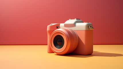 An unusual compact camera in a delicate peach fuzz color against a bright background of pink and yellow, with a contrasting shadow from the bright sunlight