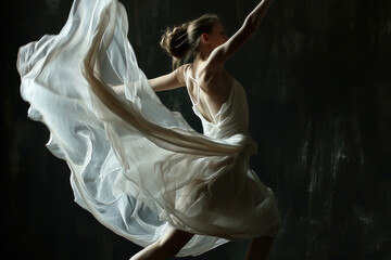 Fototapeta premium A woman in a white dress gracefully dancing. Perfect for dance-related projects and events