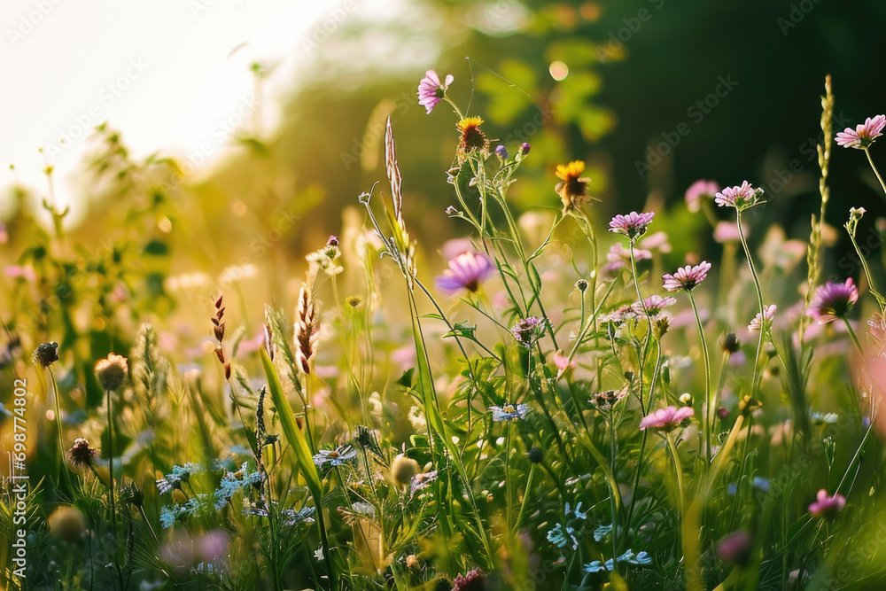 Poster a beautiful scene of a field of wildflowers with the sun setting in the background. perfect for natu