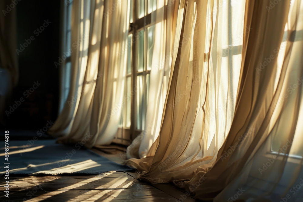Poster Sunlight streaming through the translucent curtains of a window. Perfect for adding a warm, natural glow to any space