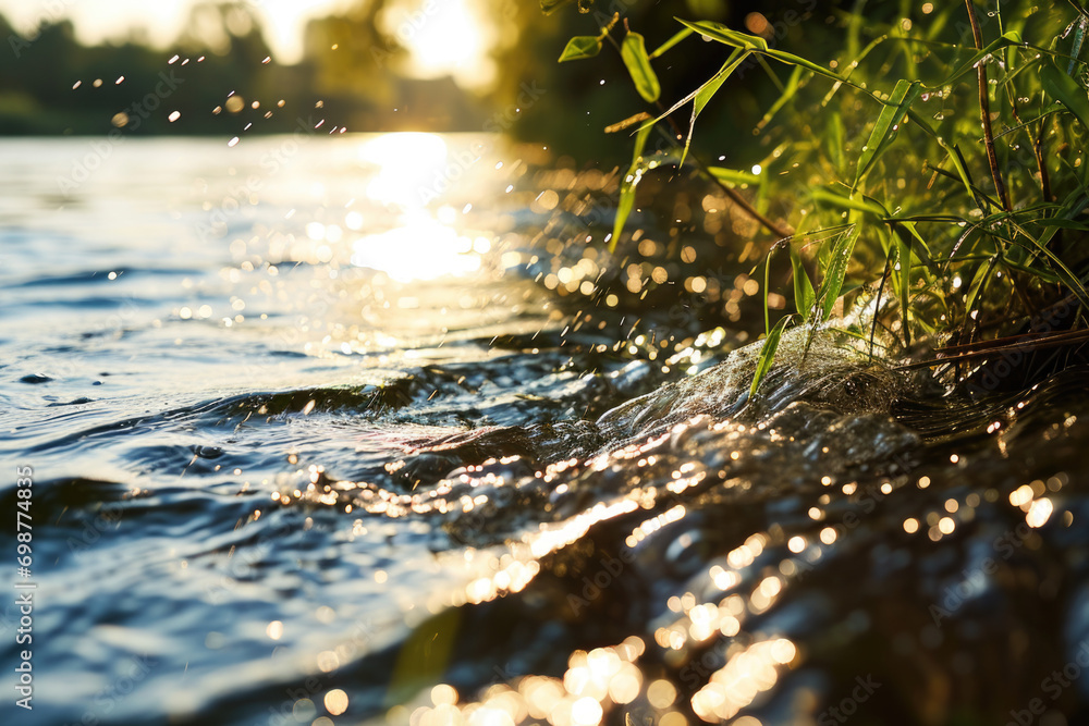 Poster a close-up view of a body of water near a serene forest. ideal for nature and landscape enthusiasts.