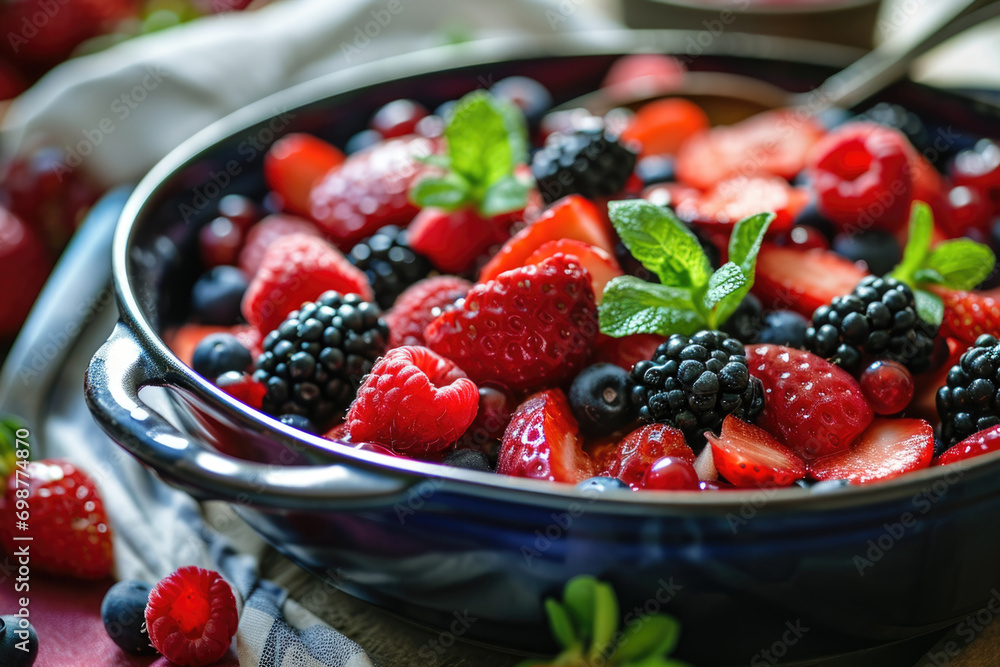 Wall mural A bowl filled with fresh berries and garnished with mint leaves. Perfect for healthy eating or summer recipes