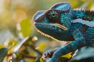 Fotobehang A close up photograph of a chameleon perched on a tree branch. This image can be used to depict nature, wildlife, reptiles, or animal camouflage © Fotograf