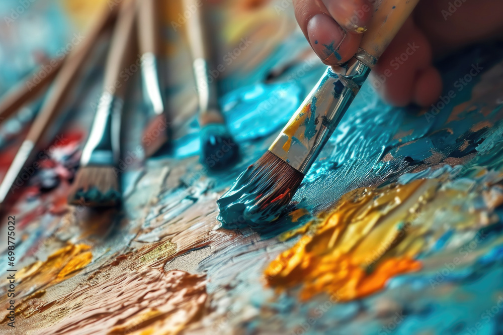 Poster A close up view of a person holding a paint brush. This versatile image can be used in various creative projects