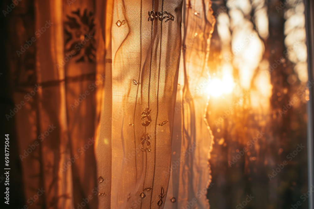 Poster Sunlight streaming through the curtains of a window. Perfect for adding warmth and natural light to any space