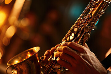 Obraz premium A detailed shot of someone playing a saxophone. Perfect for musicians or jazz enthusiasts
