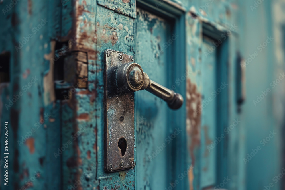 Poster A detailed close-up of a door handle on a blue door. This image can be used to showcase craftsmanship or as a visual representation of home security