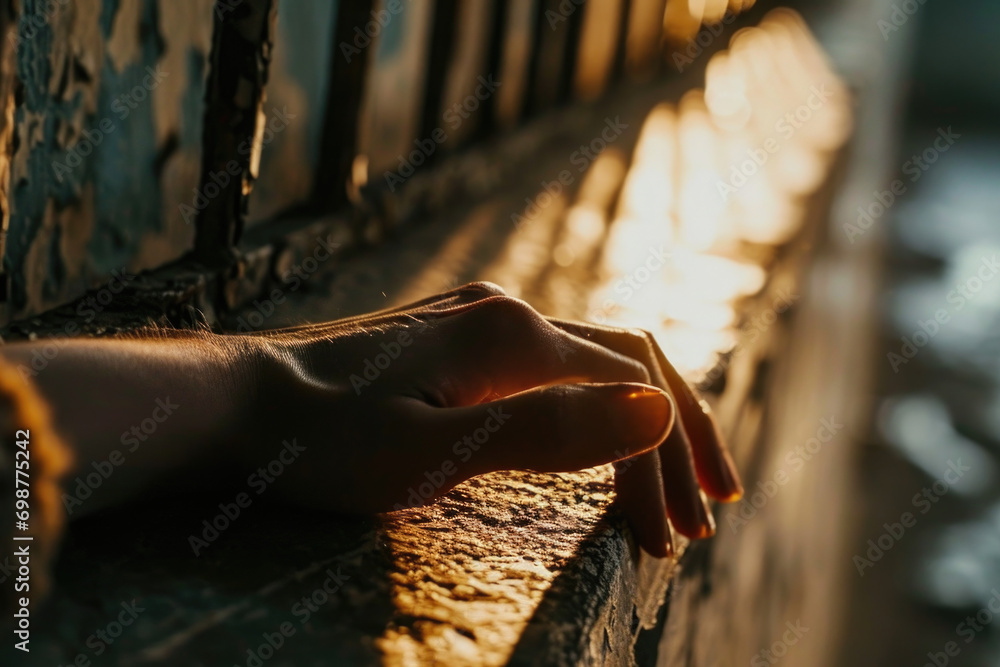 Poster A close-up view of a person's hand resting on a ledge. Can be used to depict concepts such as support, determination, or contemplation