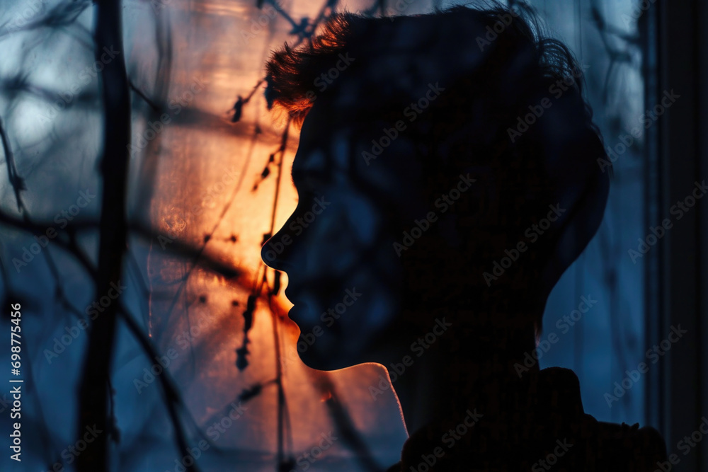 Aufkleber A silhouette of a person standing in front of a window. Perfect for adding a sense of mystery and intrigue to your projects