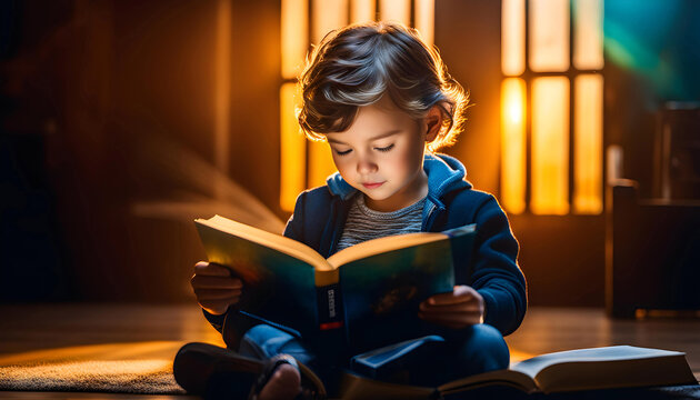 Pensive little child carefully reads a book, digital 3D art, bright color background,