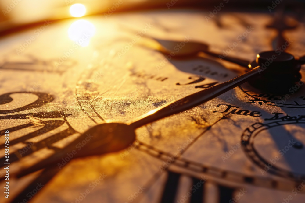 Poster A close-up view of a clock with the sun shining in the background. Perfect for time-related concepts and themes.