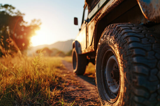 A parked jeep on a dirt road. Suitable for outdoor adventure and off-roading themes - Powered by Adobe