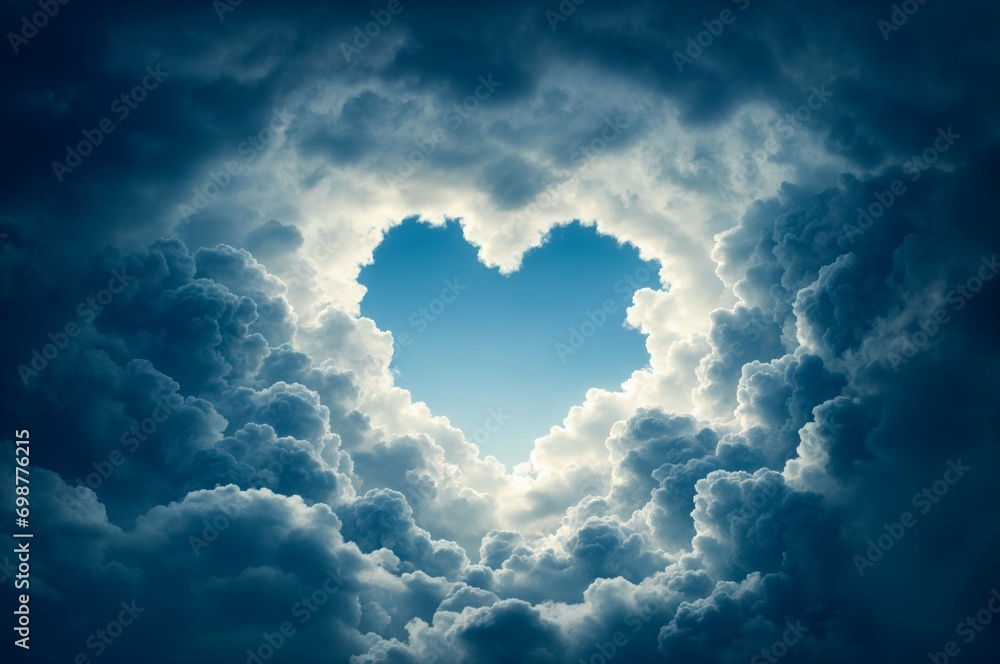 Poster a sky opening in the shape of a heart surrounded by clouds or clouds. background with selective focu