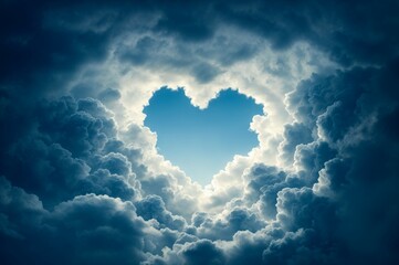 A sky opening in the shape of a heart surrounded by clouds or clouds. Background with selective focus