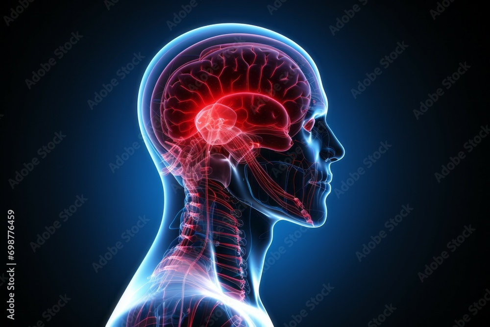 Poster hologram of the human brain. background with selective focus and copy space